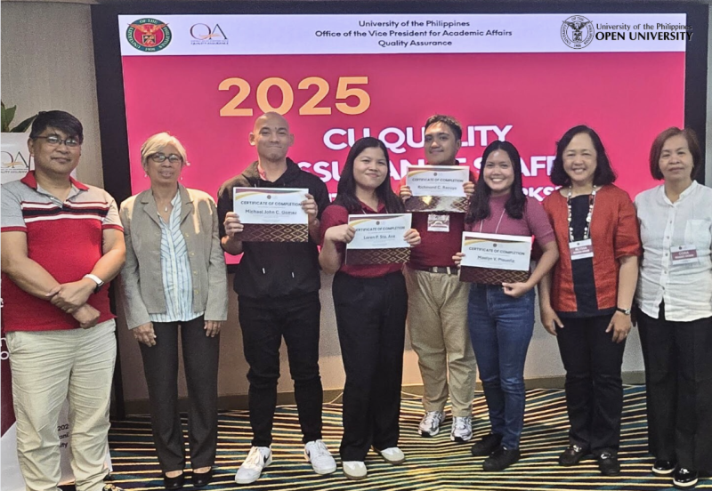 UPOU QAO Staff with UP System QA Committee Members. From left to right: Dr. Phillip Ian Padilla, Prof. Emeritus Irene Villaseñor, Mr. Michael John Gomez, Ms. Loren Sta. Ana, Mr. Richmond Racuya, Ms. Maelyn Pisueña, AVP for Academic Affairs Alyssa Peleo- Alampay, and Prof. Corazon Abansi.
